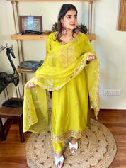 Naina Lime Green Roman Silk Kurta Set - Param Iqbal