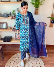 Saba Blue Cotton Kurta Set - Param Iqbal