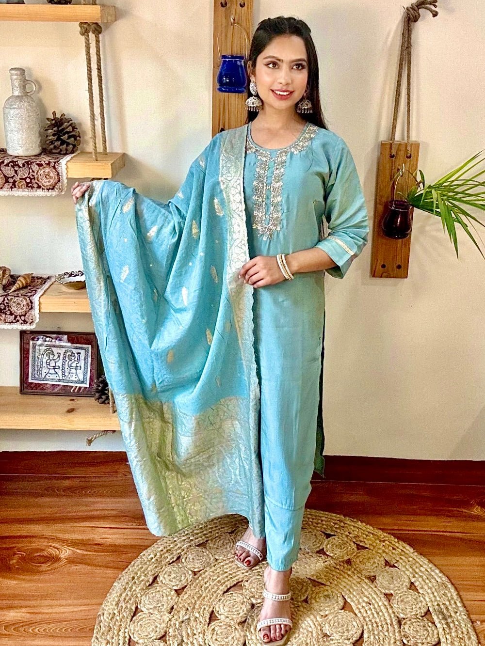 Ziya Sky Blue Shimmer Silk Kurta Set - Param Iqbal