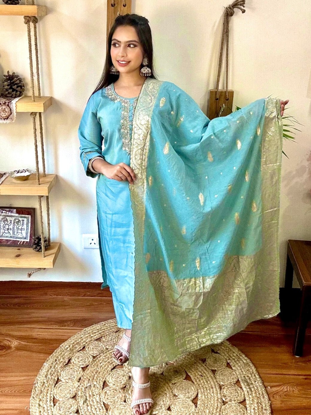Ziya Sky Blue Shimmer Silk Kurta Set - Param Iqbal