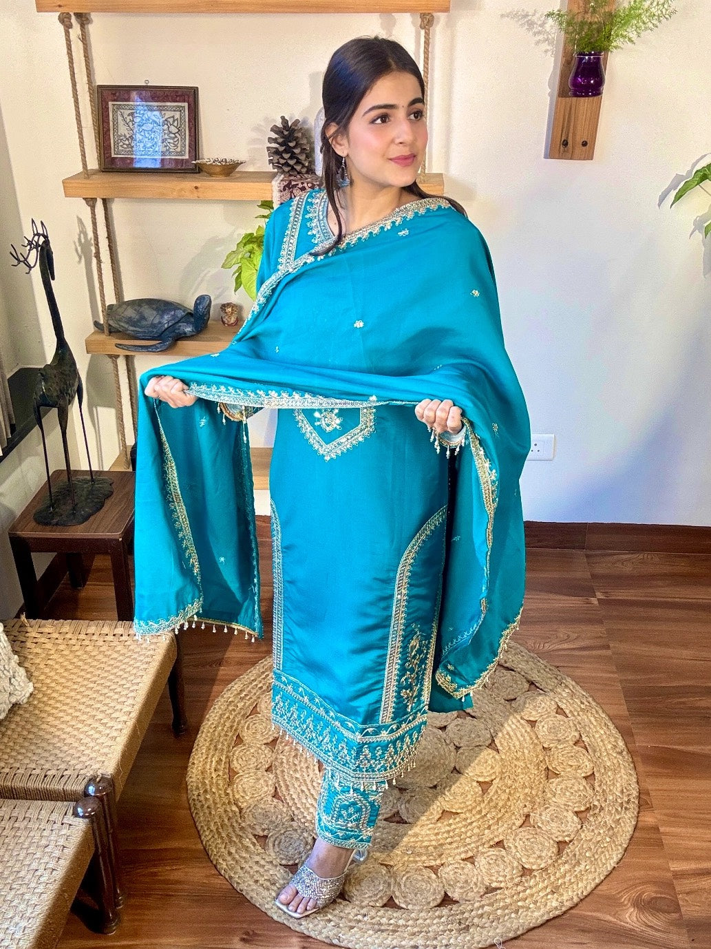 Rafia Blue Roman Silk Suit | Param Iqbal