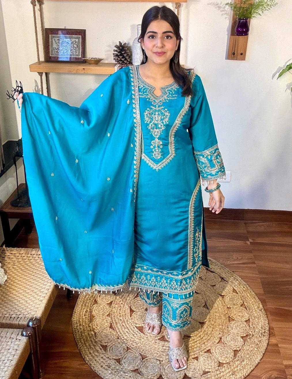 Rafia Blue Roman Silk Suit | Param Iqbal