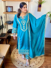 Rafia Blue Roman Silk Suit | Param Iqbal