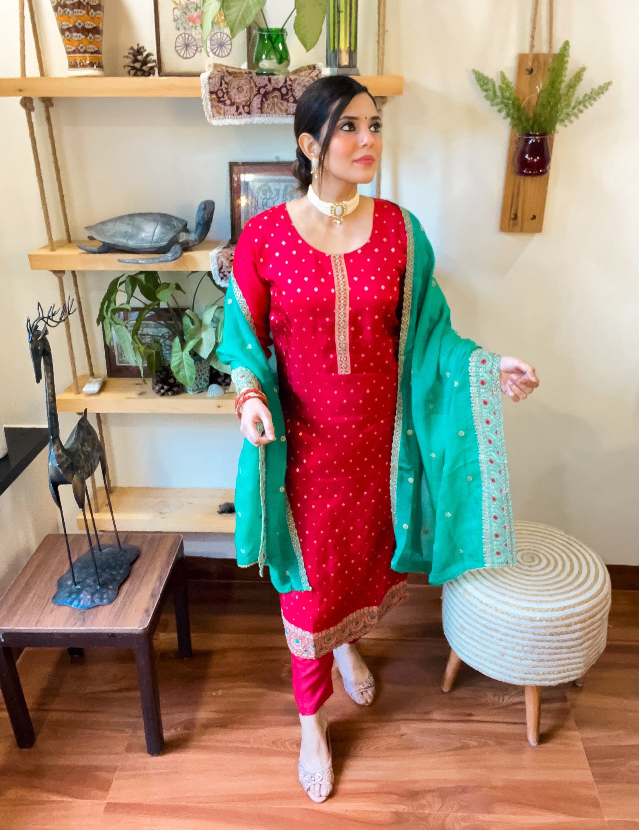 Nafisah Red Silk-Jacquard Suit | Param Iqbal 