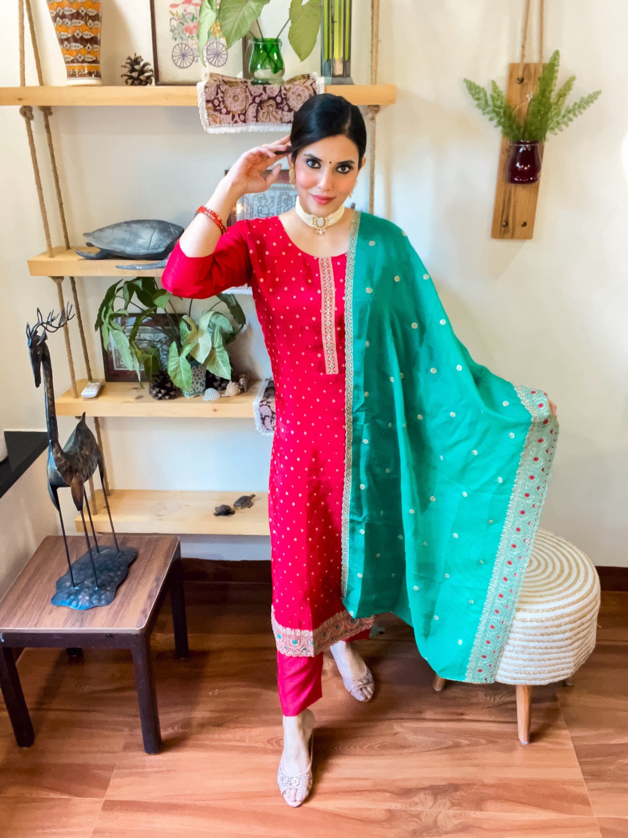 Nafisah Red Silk-Jacquard Suit | Param Iqbal 
