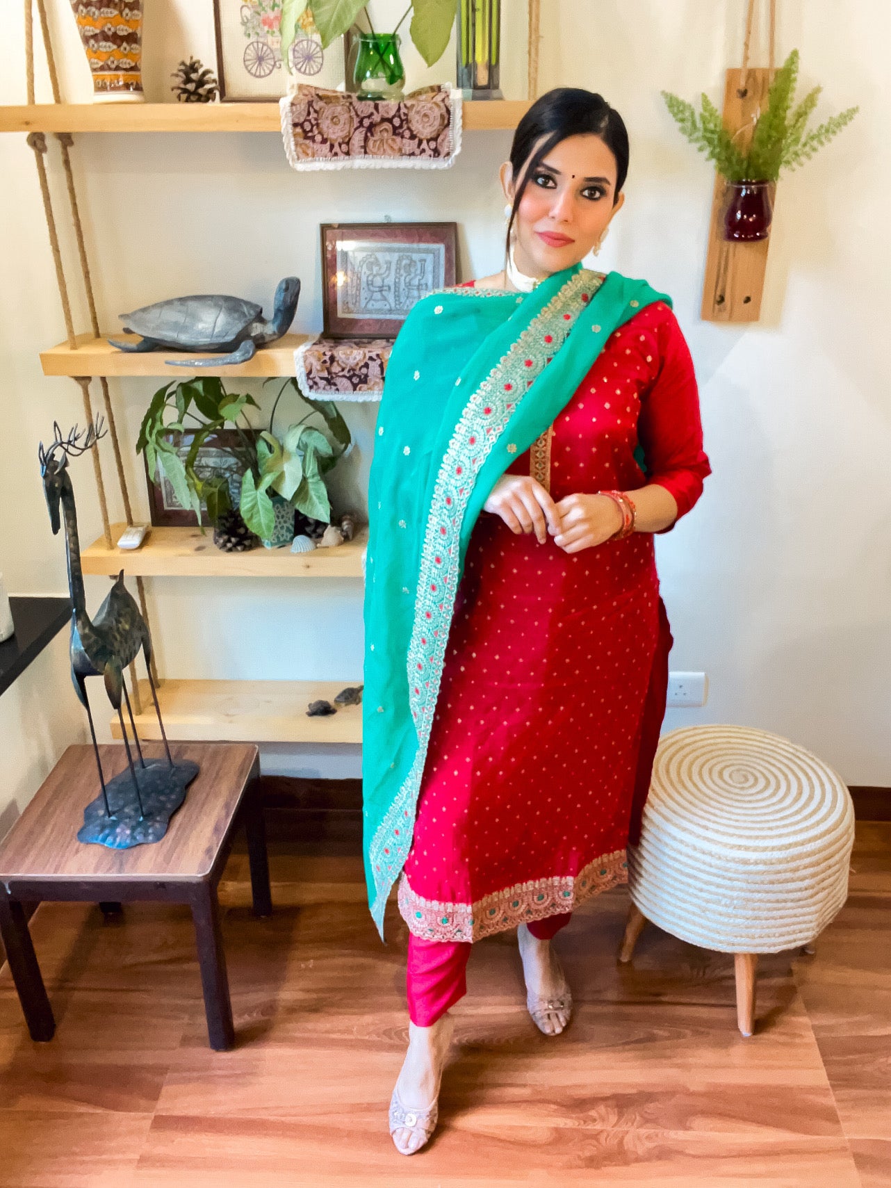 Nafisah Red Silk-Jacquard Suit | Param Iqbal 