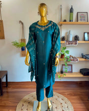 Adah Teal Green Silk Kurta Set - Param Iqbal