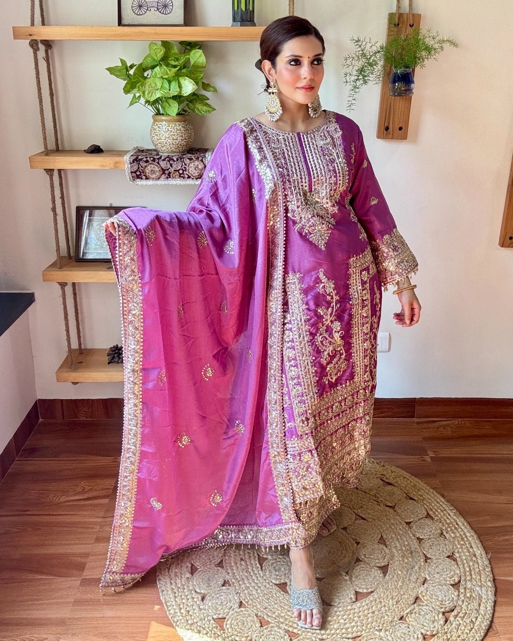 Gulnaar Purple Chinnon Kurta Set - Param Iqbal
