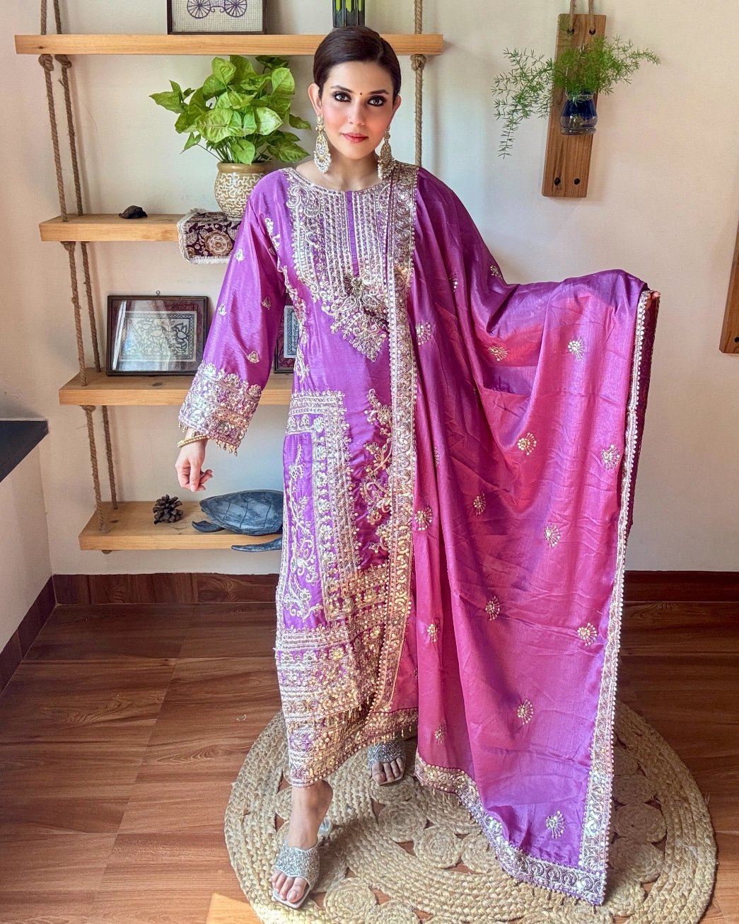 Gulnaar Purple Chinnon Kurta Set - Param Iqbal