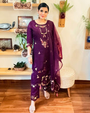 Khadija Purple Paper Silk Pakistani Kurta Set - Param Iqbal
