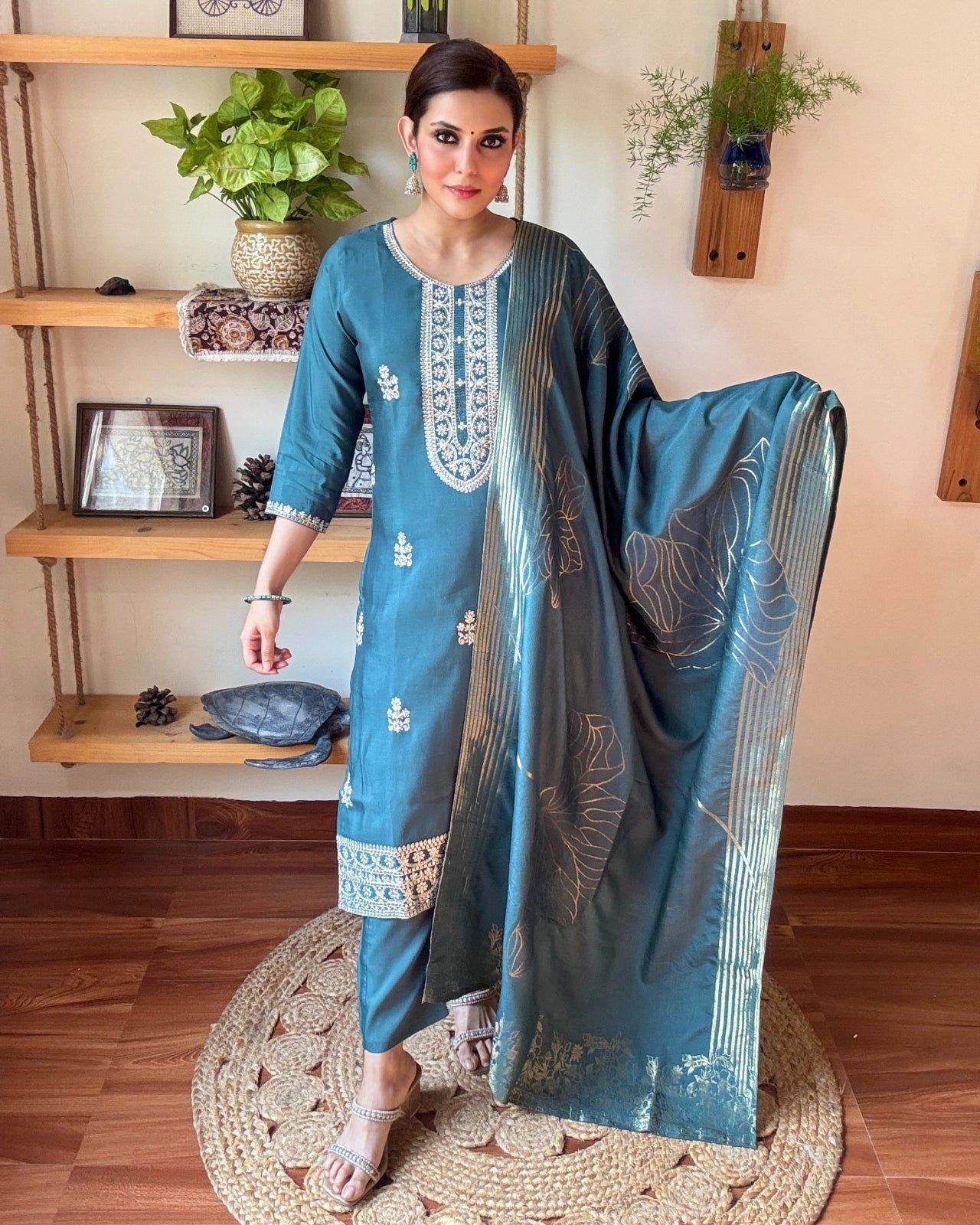 Naaira Teal Blue Silk Kurta Set - Param Iqbal