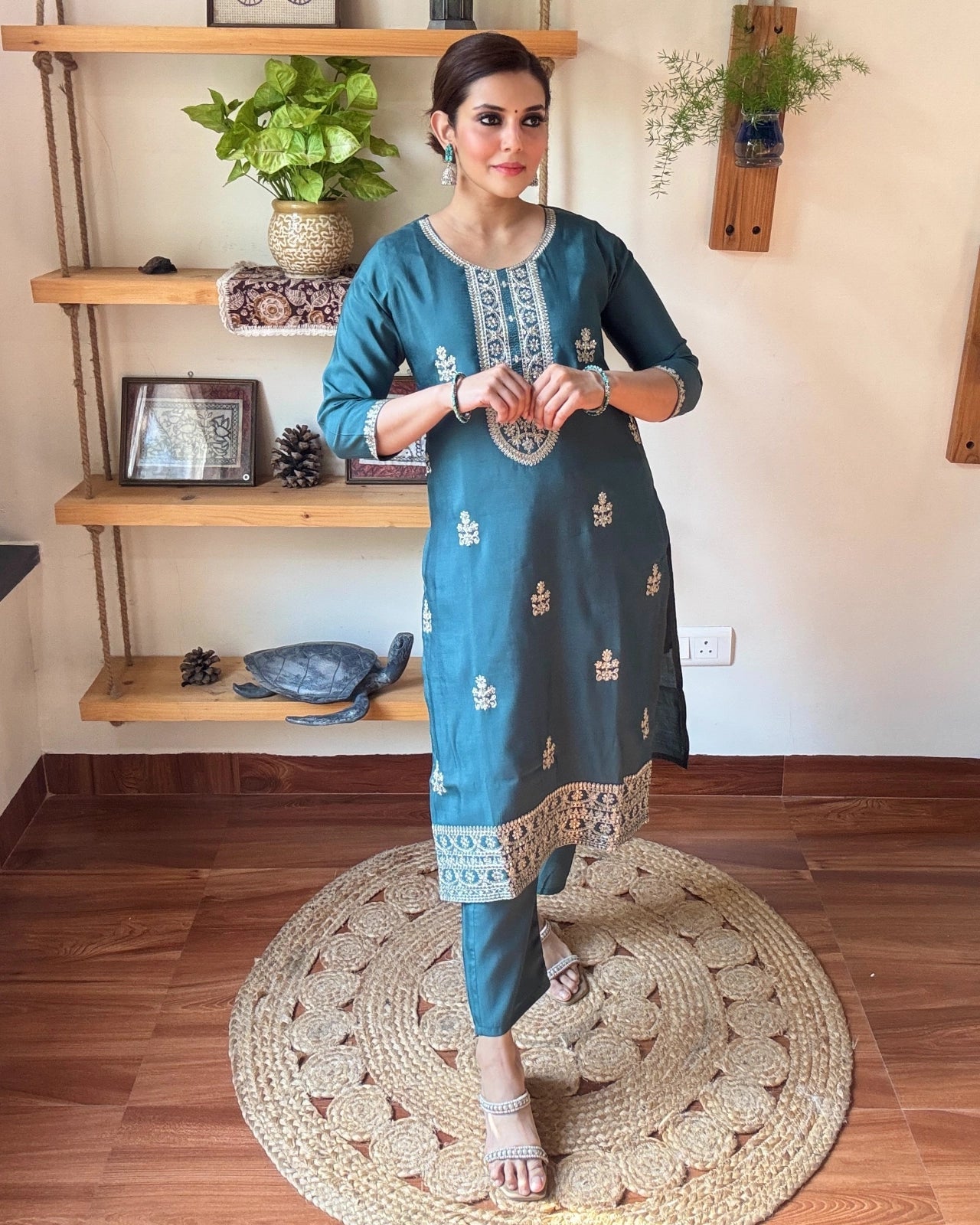 Naaira Teal Blue Silk Kurta Set - Param Iqbal