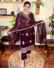 Nusrat Wine Silk Kurta Set - Param Iqbal