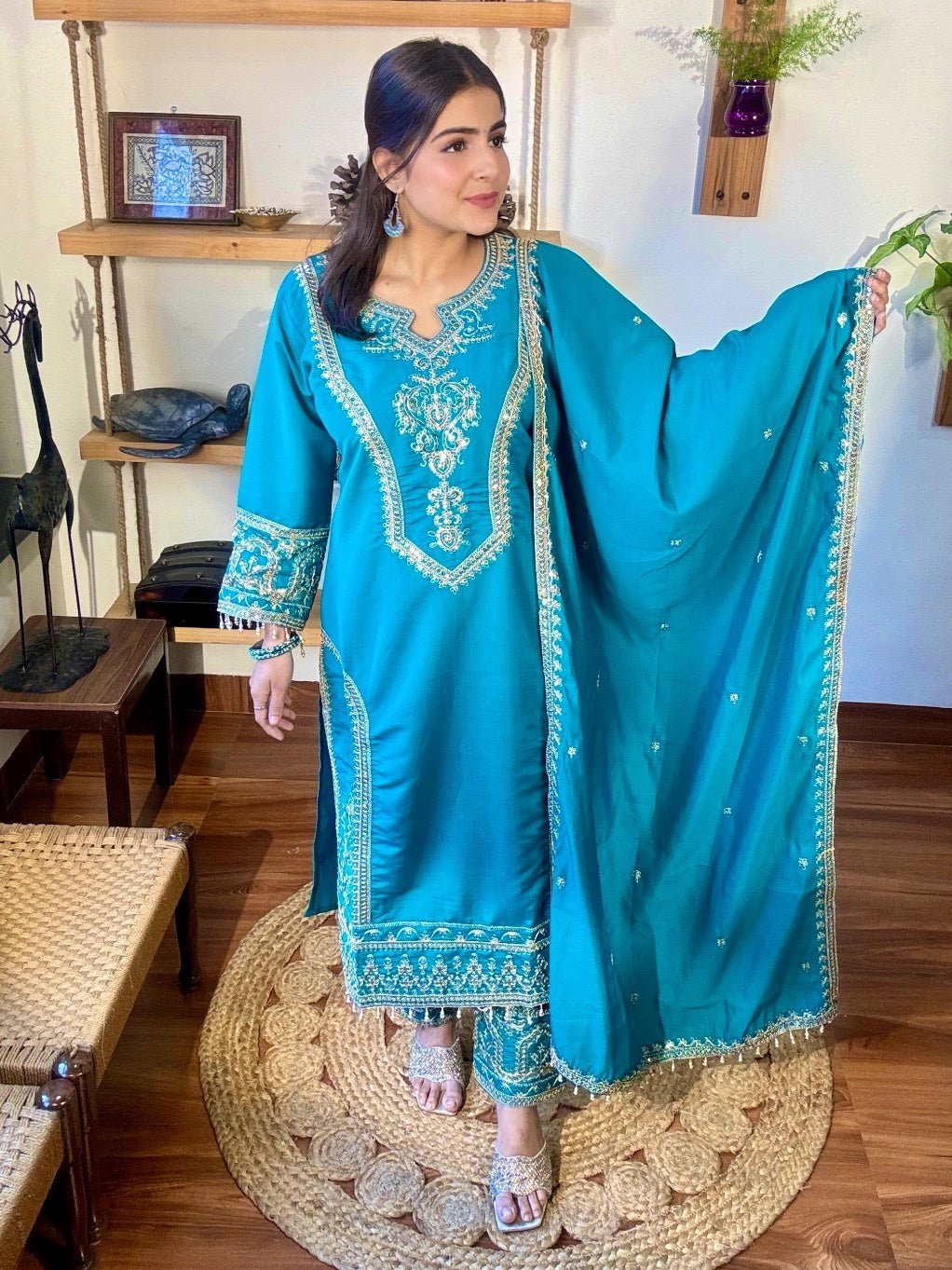 Rafia Blue Roman Silk Kurta Set - Param Iqbal