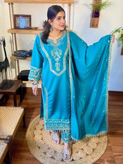 Rafia Blue Roman Silk Kurta Set - Param Iqbal