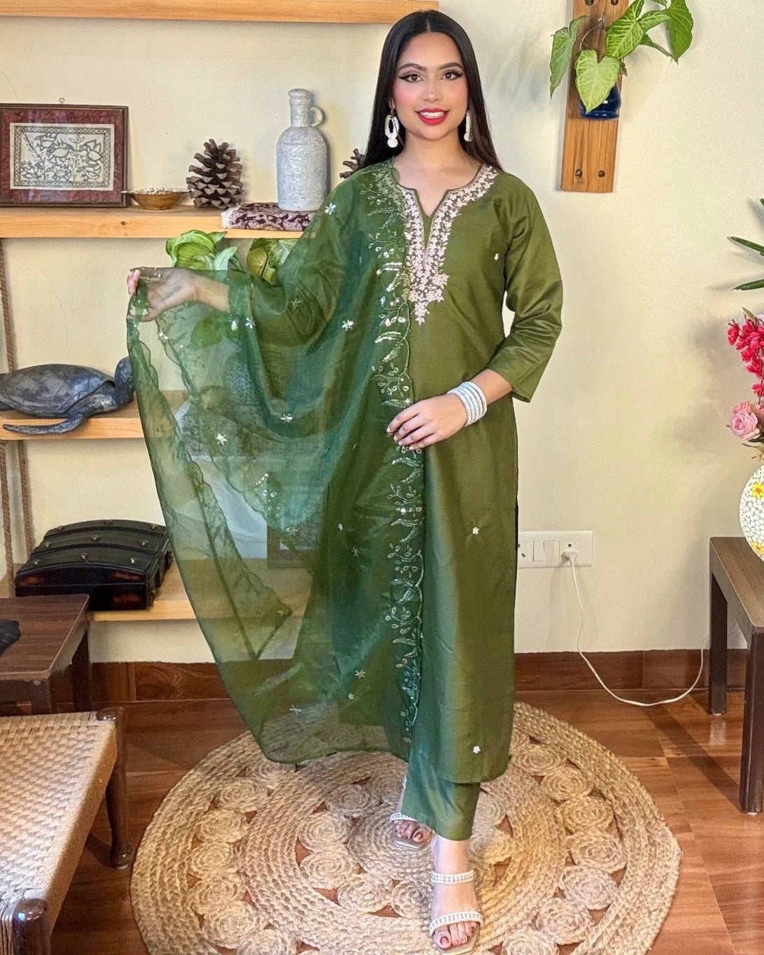 Raha Olive Green Silk Kurta Set - Param Iqbal