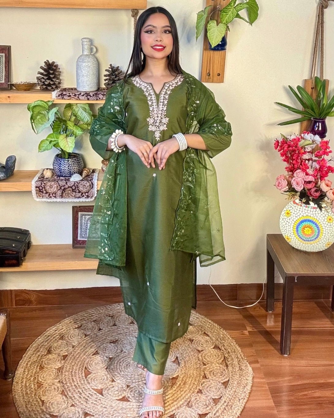 Raha Olive Green Silk Kurta Set - Param Iqbal