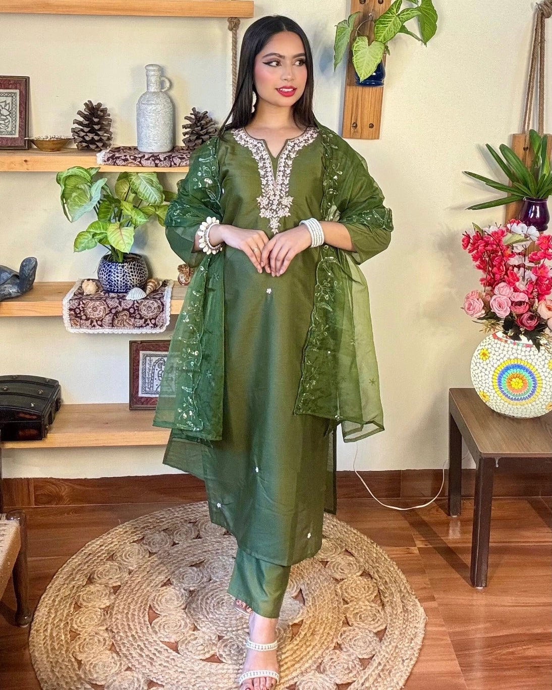 Raha Olive Green Silk Kurta Set - Param Iqbal