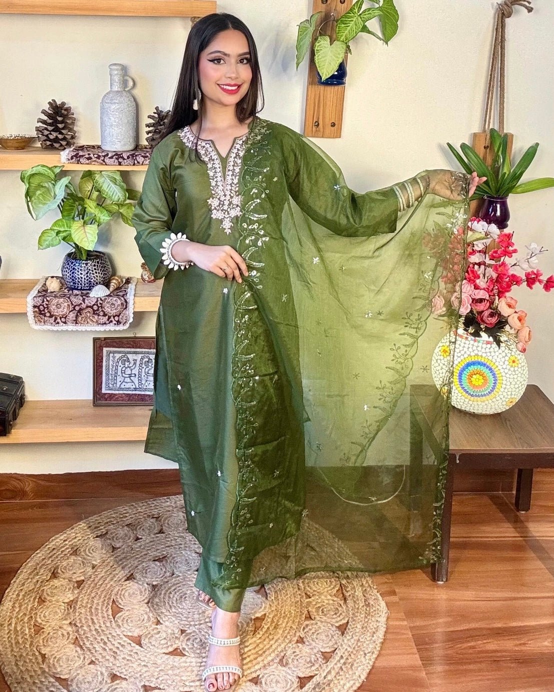 Raha Olive Green Silk Kurta Set - Param Iqbal
