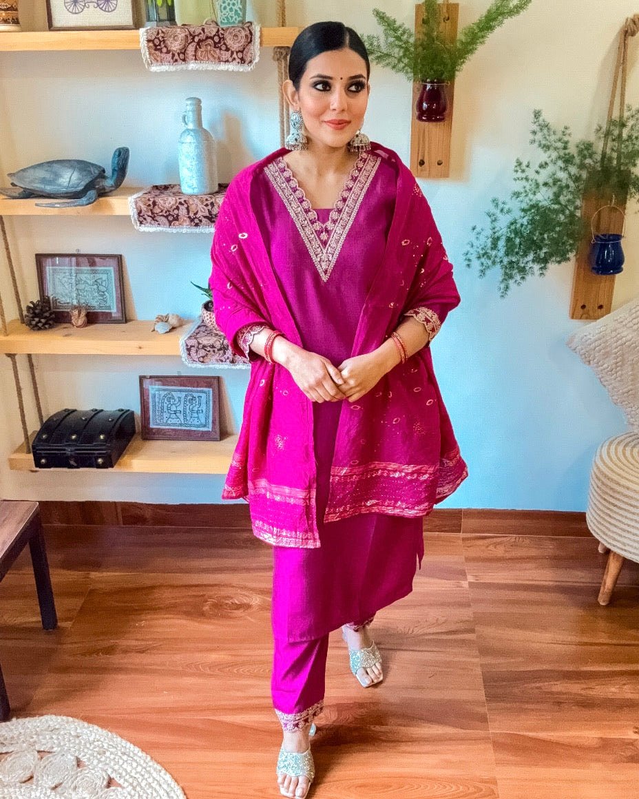 Samira Pink Dupion Silk Kurta Set - Param Iqbal