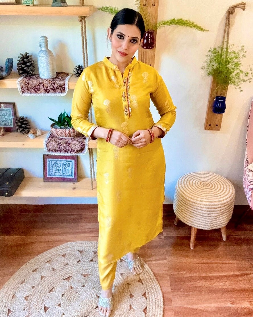 Shabana Yellow Banarasi Silk Kurta Set - Param Iqbal
