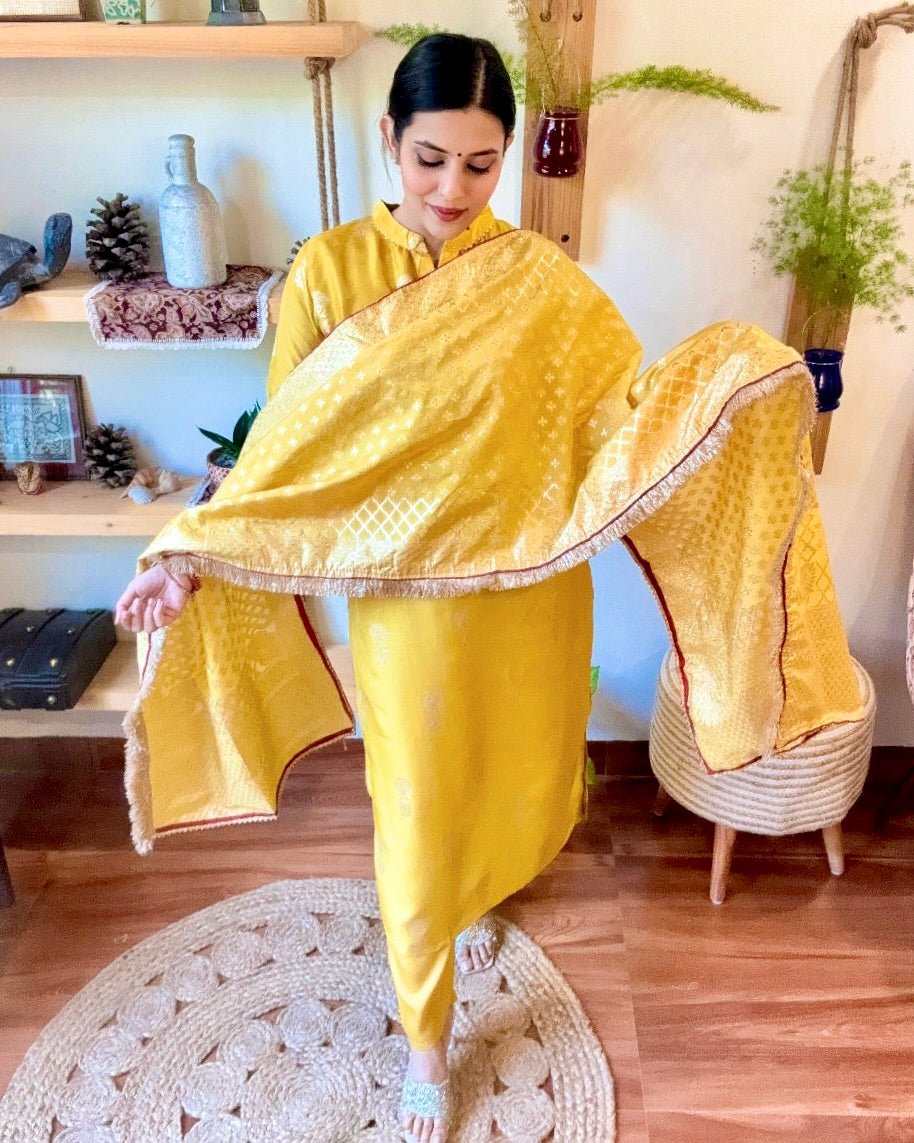 Shabana Yellow Banarasi Silk Kurta Set - Param Iqbal