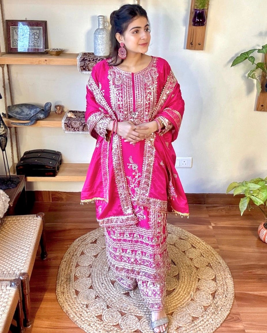 Shahida Pink Chinnon Kurta Set - Param Iqbal