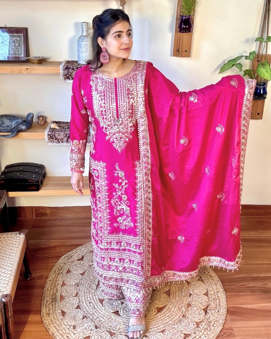 Shahida Pink Chinnon Kurta Set - Param Iqbal