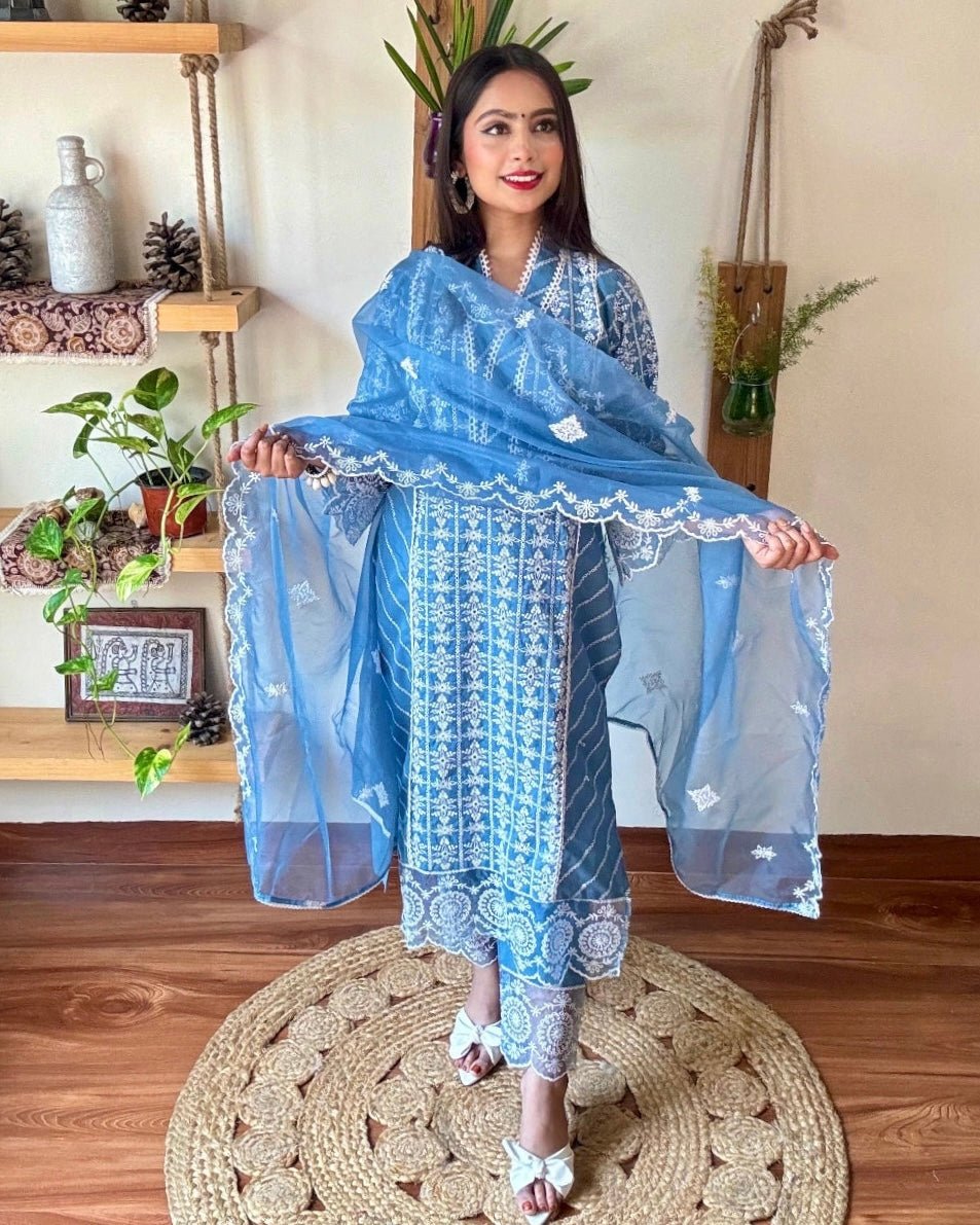 Shahnaz Blue Cotton Kurta Set - Param Iqbal