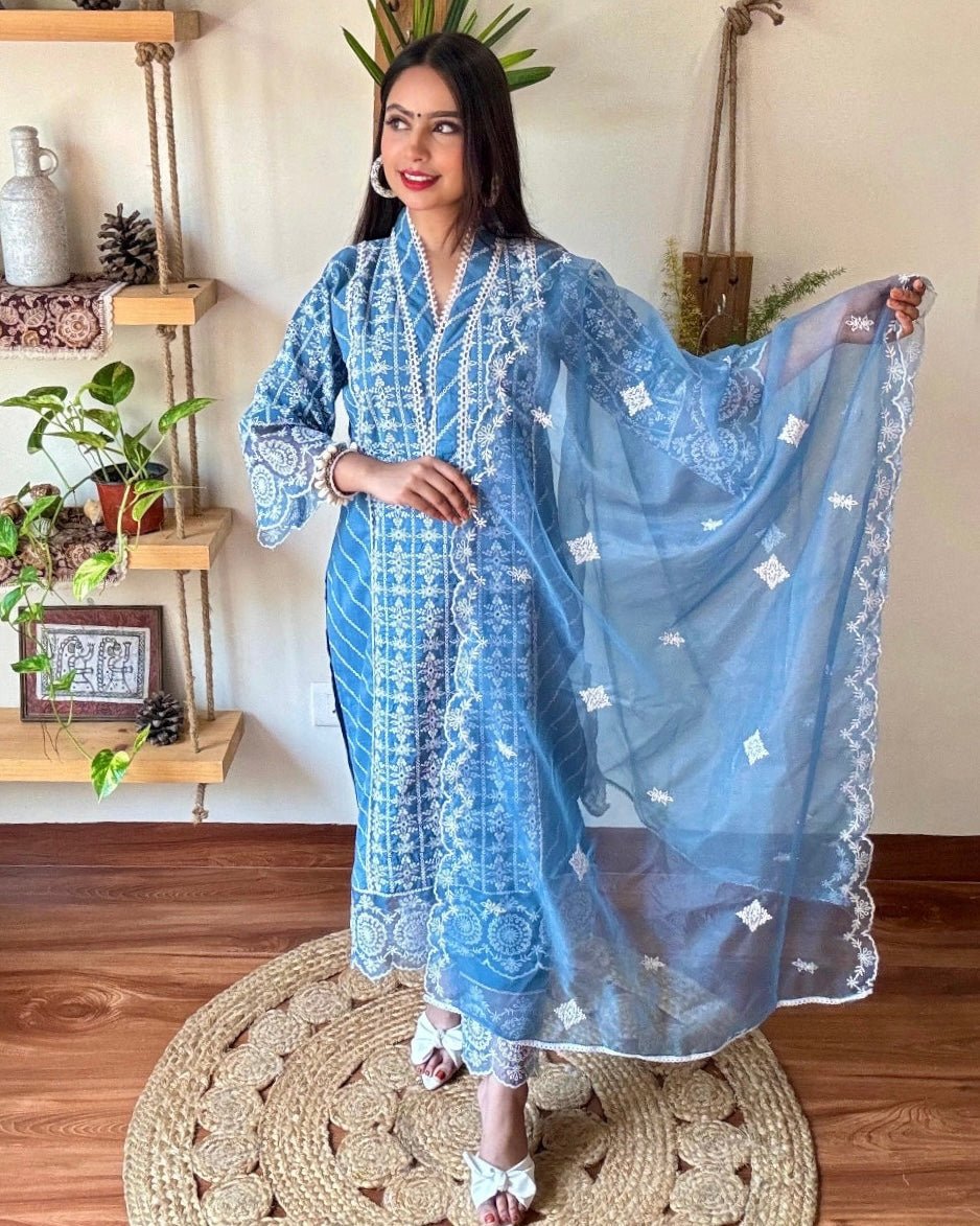 Shahnaz Blue Cotton Kurta Set - Param Iqbal