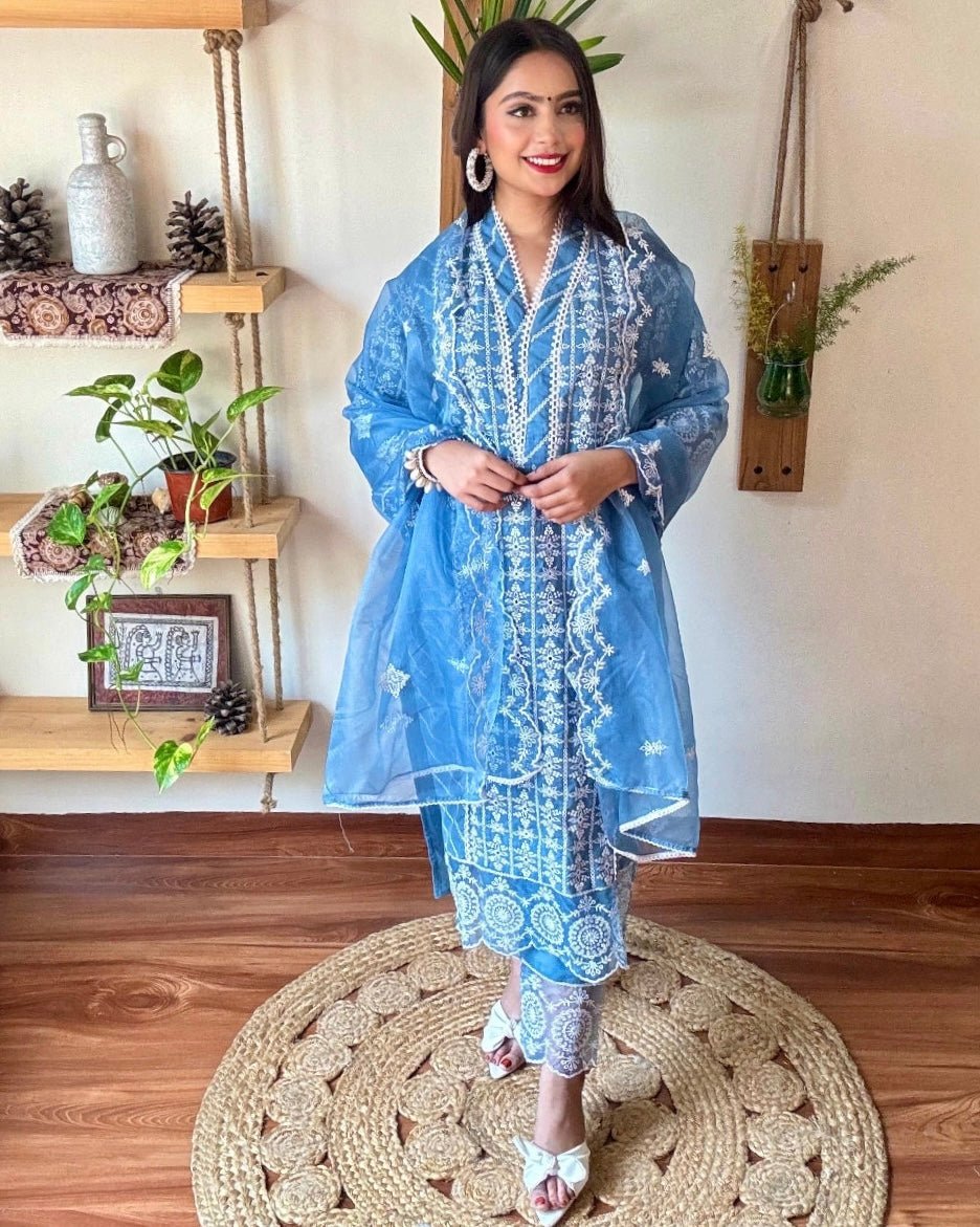 Shahnaz Blue Cotton Kurta Set - Param Iqbal