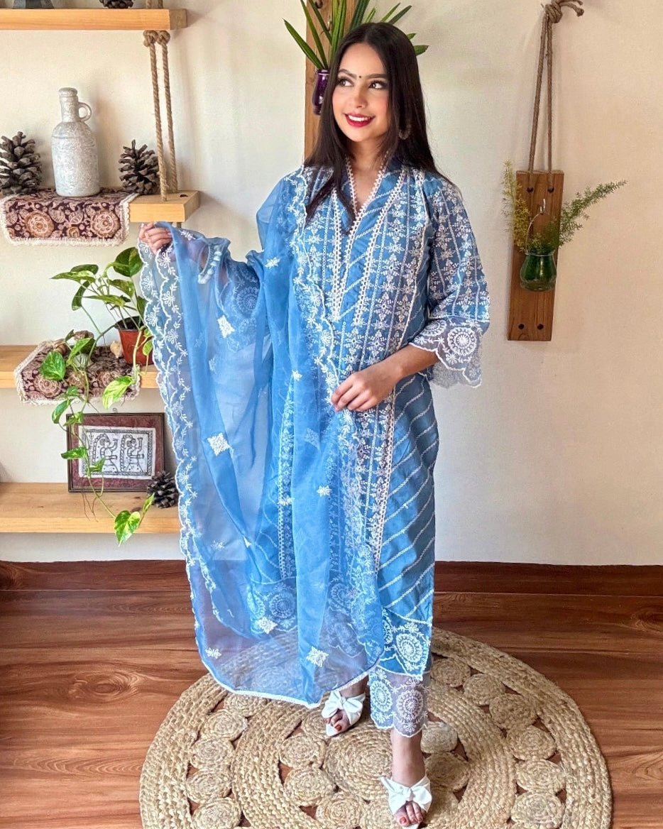 Shahnaz Blue Cotton Kurta Set - Param Iqbal