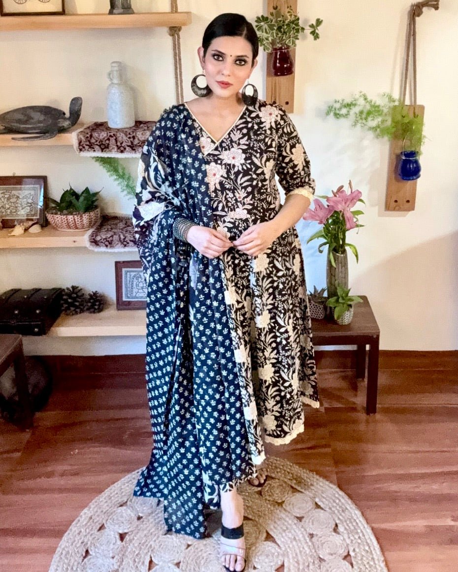 Tahirah Black Cotton Kurta Set - Param Iqbal