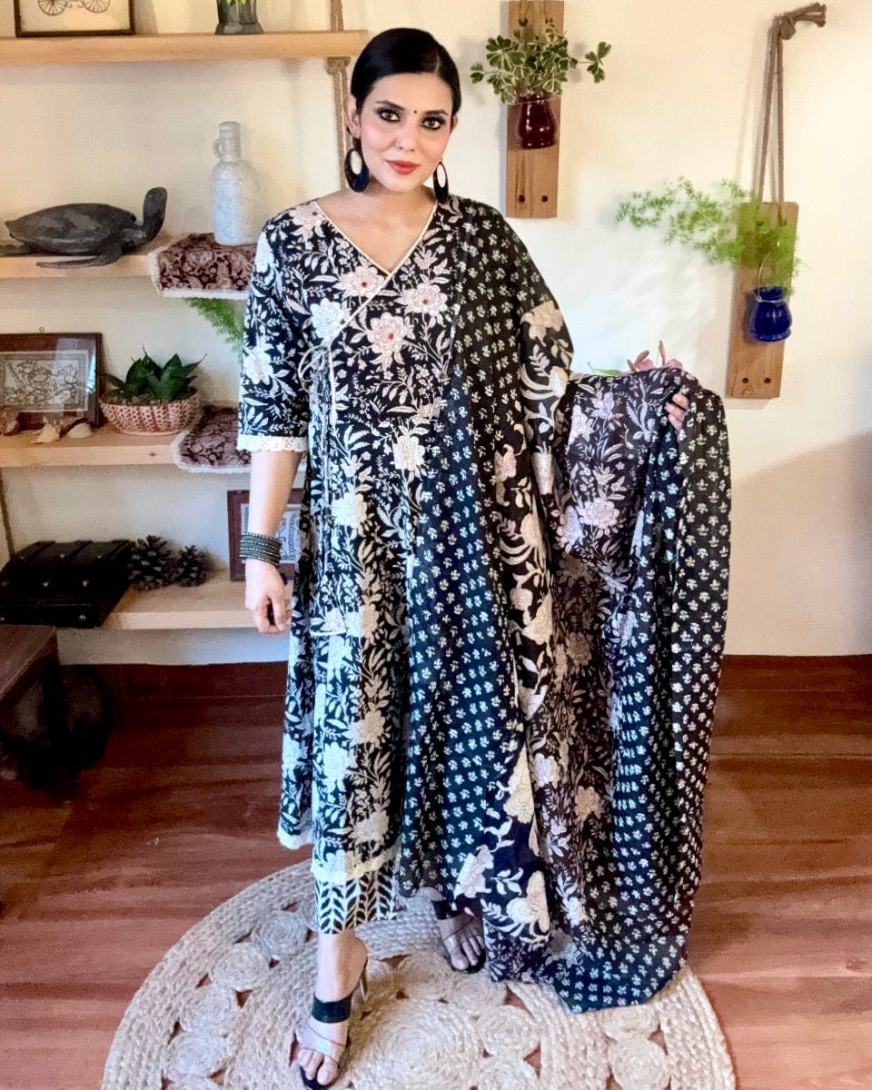 Tahirah Black Cotton Kurta Set - Param Iqbal
