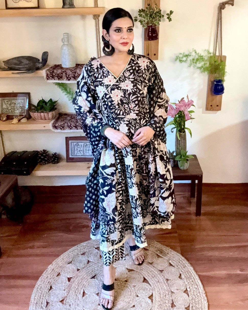 Tahirah Black Cotton Kurta Set - Param Iqbal