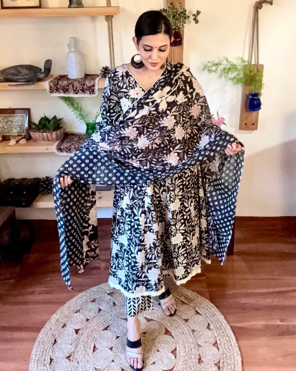 Tahirah Black Cotton Kurta Set - Param Iqbal