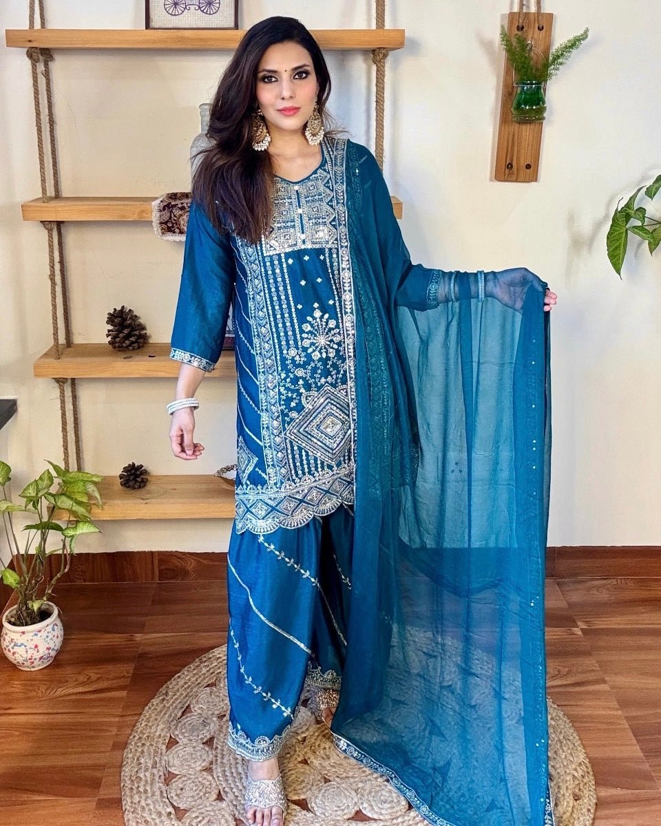 Urmi Blue Chinnon Kurta Set - Param Iqbal