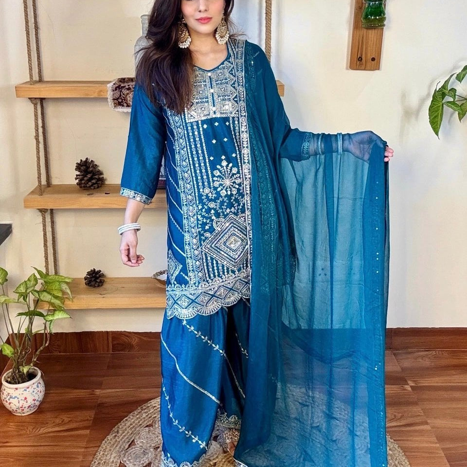 Urmi Blue Chinnon Kurta Set - Param Iqbal