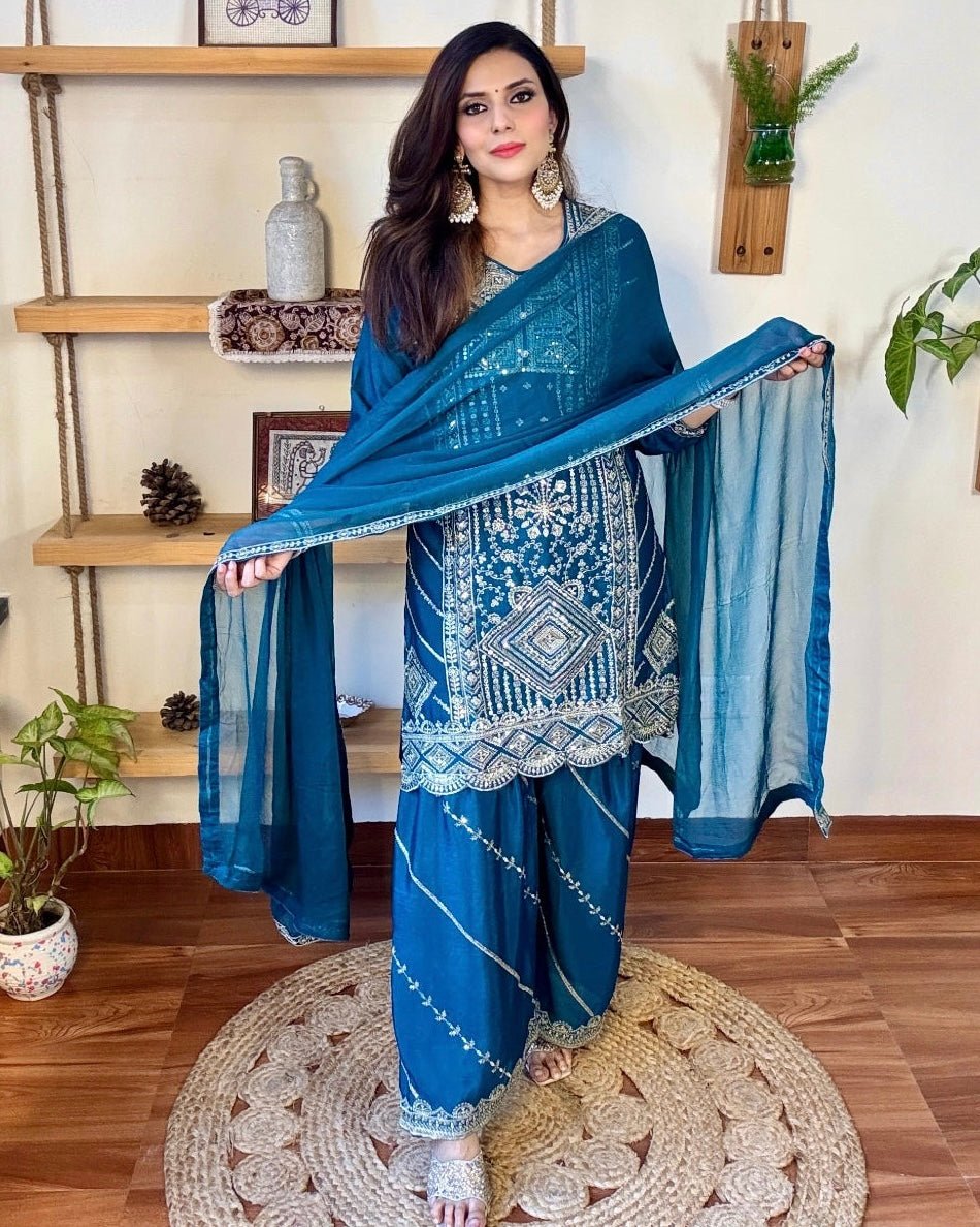 Urmi Blue Chinnon Kurta Set - Param Iqbal
