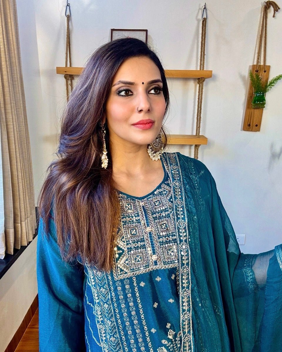 Urmi Blue Chinnon Kurta Set - Param Iqbal