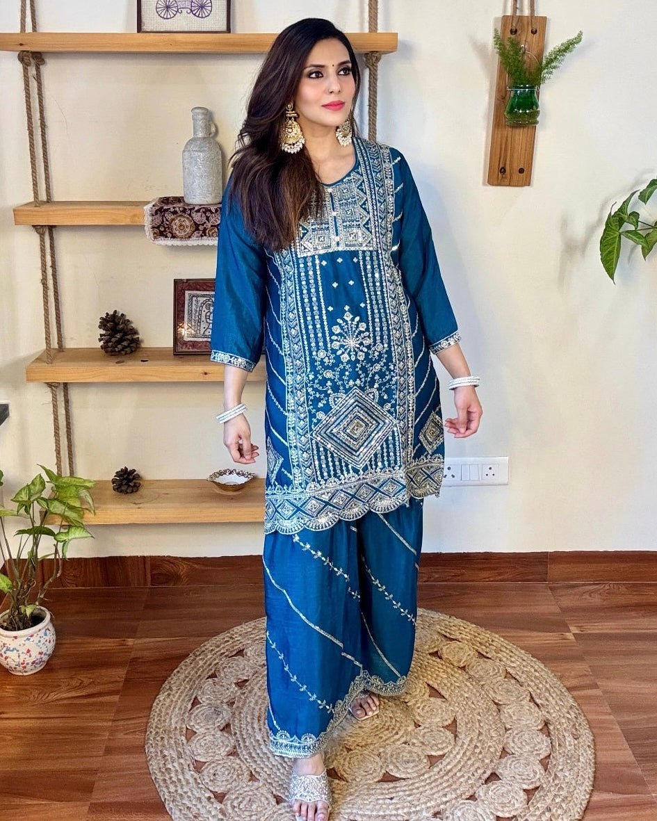 Urmi Blue Chinnon Kurta Set - Param Iqbal