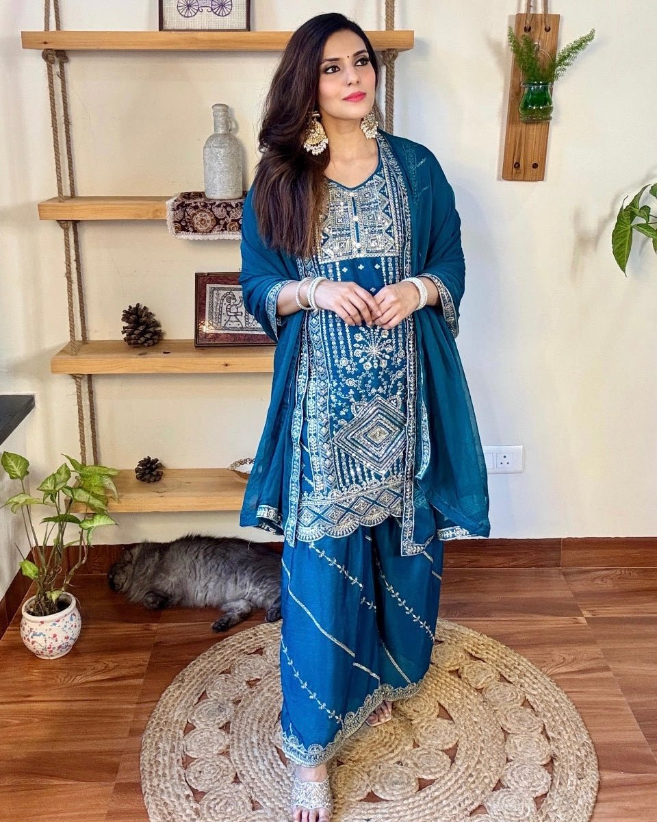 Urmi Blue Chinnon Kurta Set - Param Iqbal
