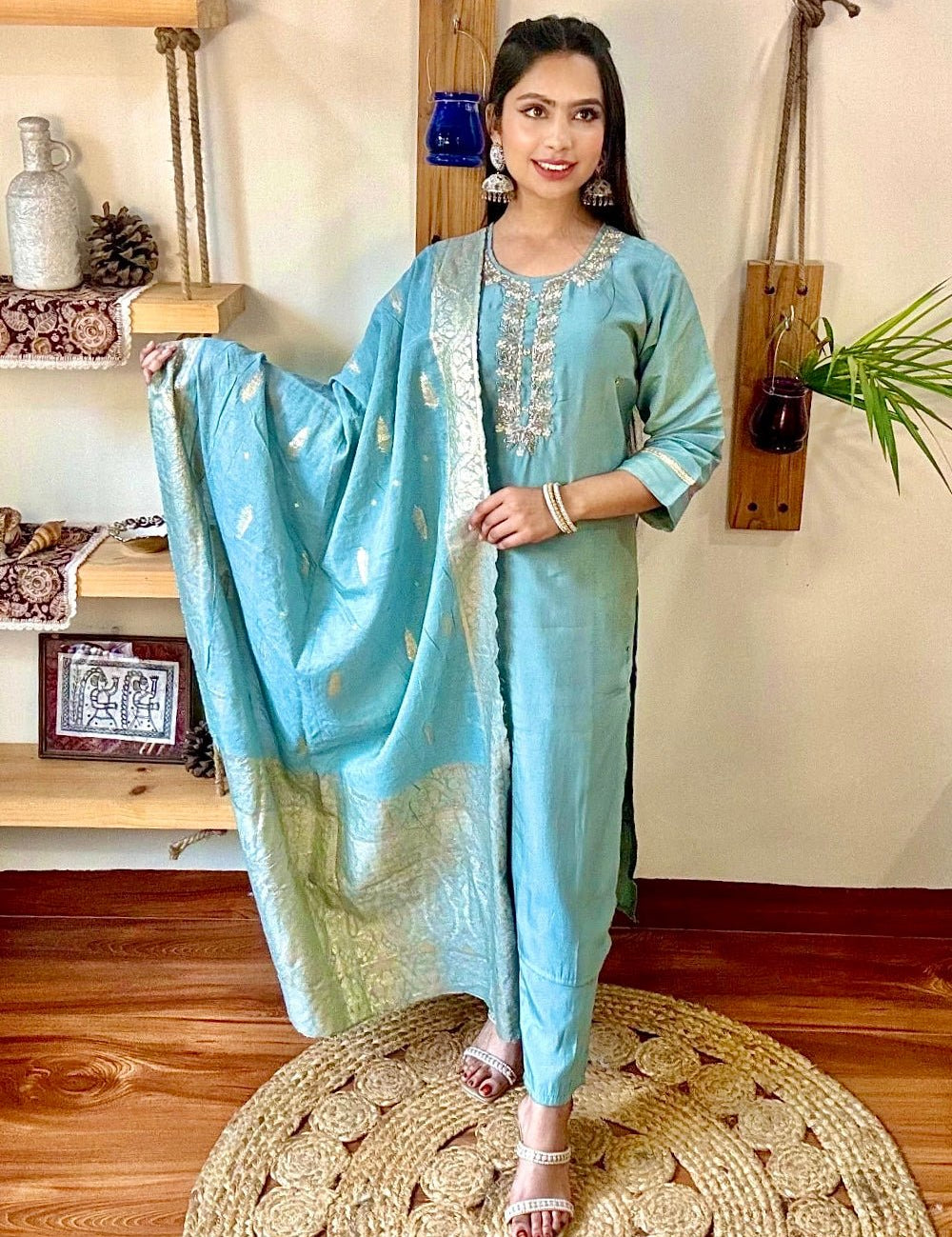 Ziya Sky Blue Shimmer Silk Kurta Set - Param Iqbal